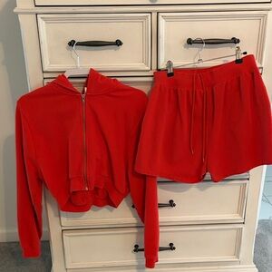 ALO Yoga Vibrant Red Hoodie and Shorts Set.
